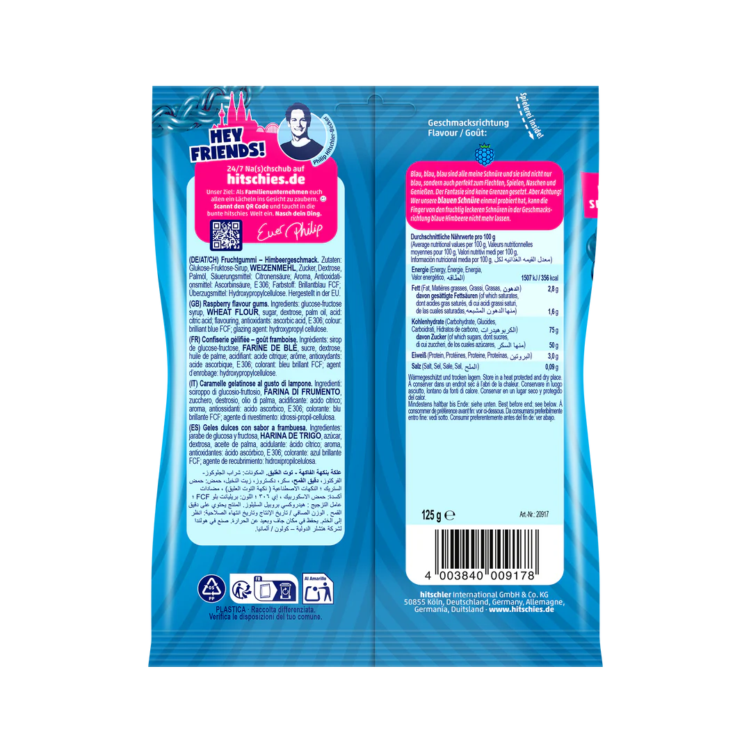 Hitschies Schnüre Blau 125g Himbeere - Candyshop.ch