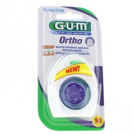 GUM GUM Ortho Floss 50 Stück Zahnseide für Zahnspangen und enge Zwischenräume Sonnenpflege
