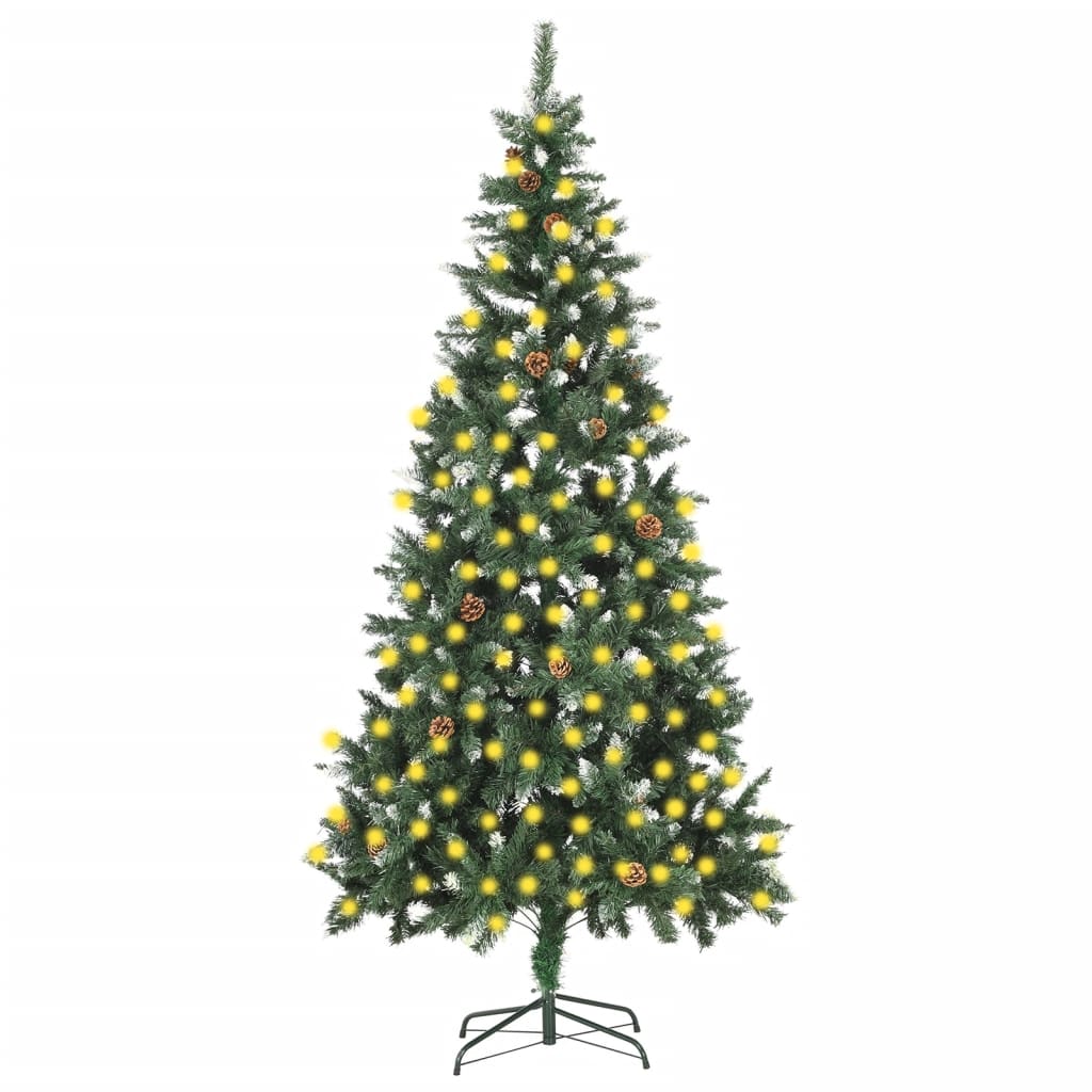 Weihnachtsbaum Gefrostet Mit Beleuchtung & Zapfen 180 Cm Grün Und Weiß