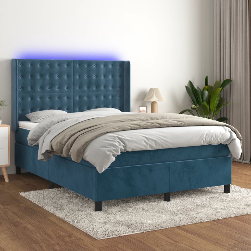 Boxspringbett Mit Matratze & Led Samt Dunkelblau