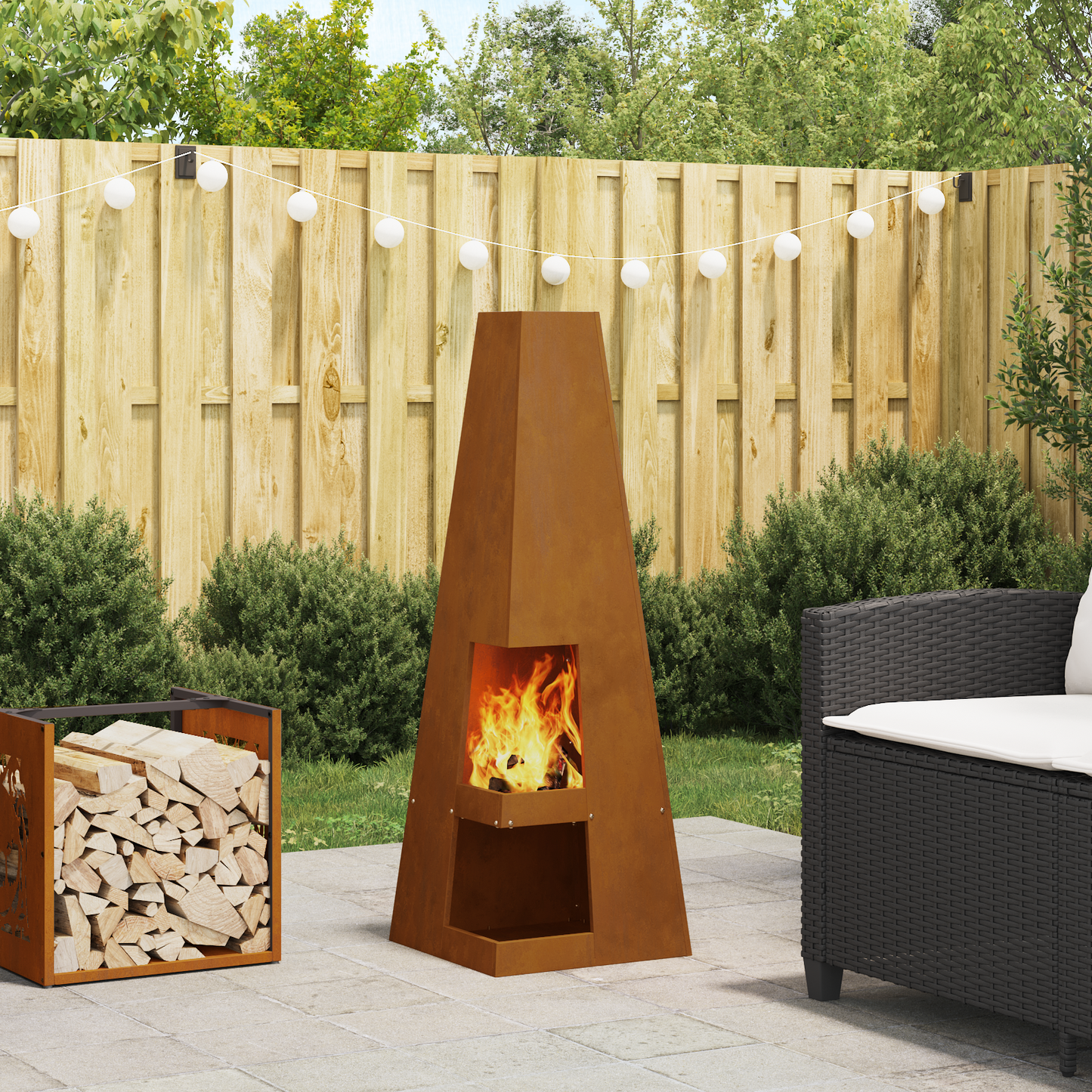 Feuerstelle Mit Holzlager Aus Wetterfestem Stahl.