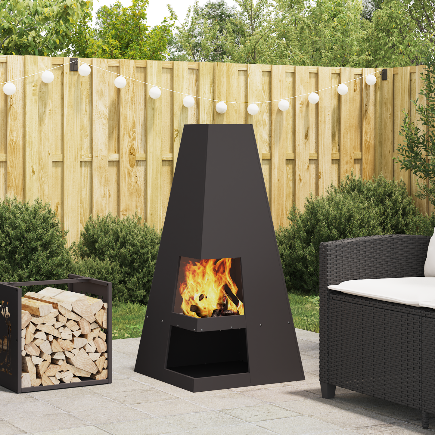 Feuerstelle Mit Holzlager Aus Wetterfestem Stahl.