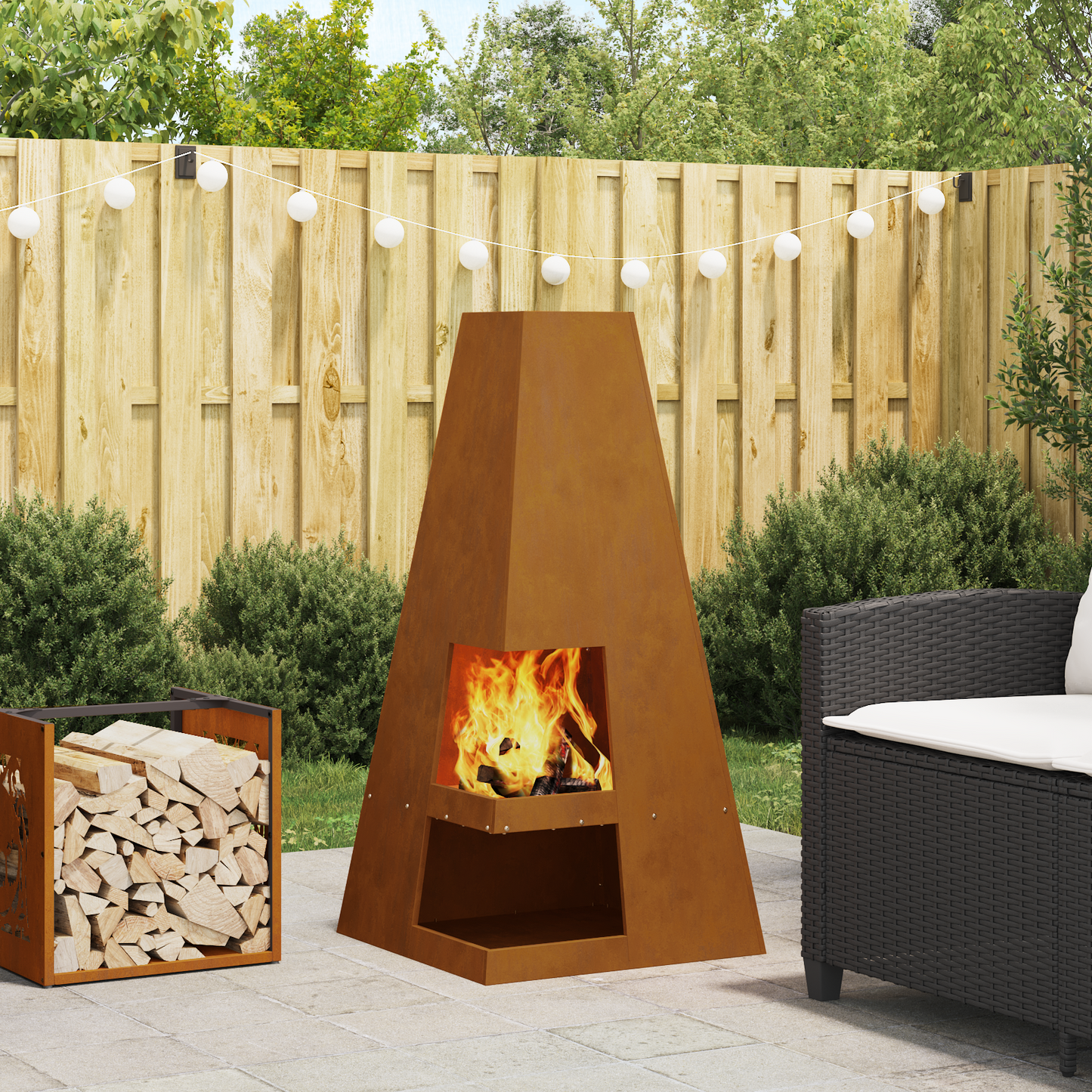 Feuerstelle Mit Holzlager Aus Wetterfestem Stahl.
