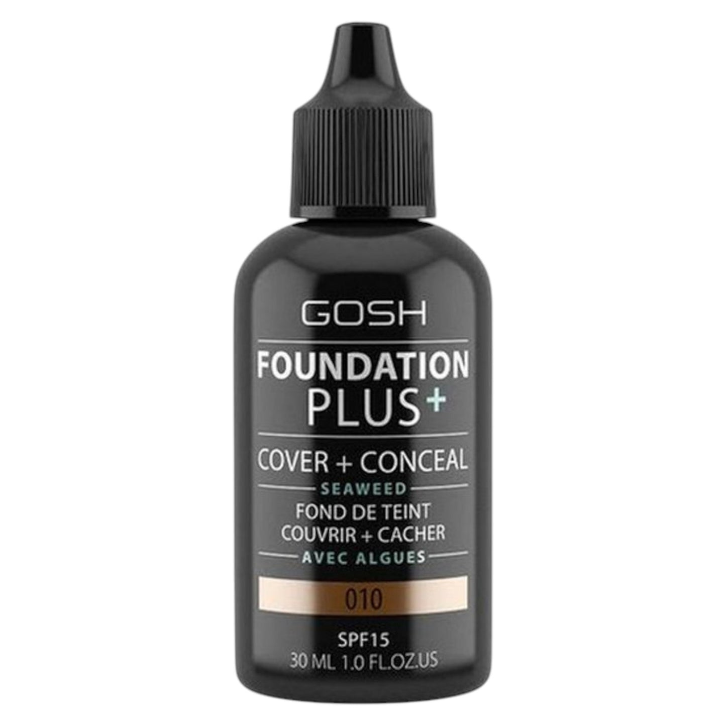 Gosh Gosh, Foundation Plus+, Cover & Conceal, Flüssige Grundierung, 010, Bräune, SPF15, 30 ml Regular
