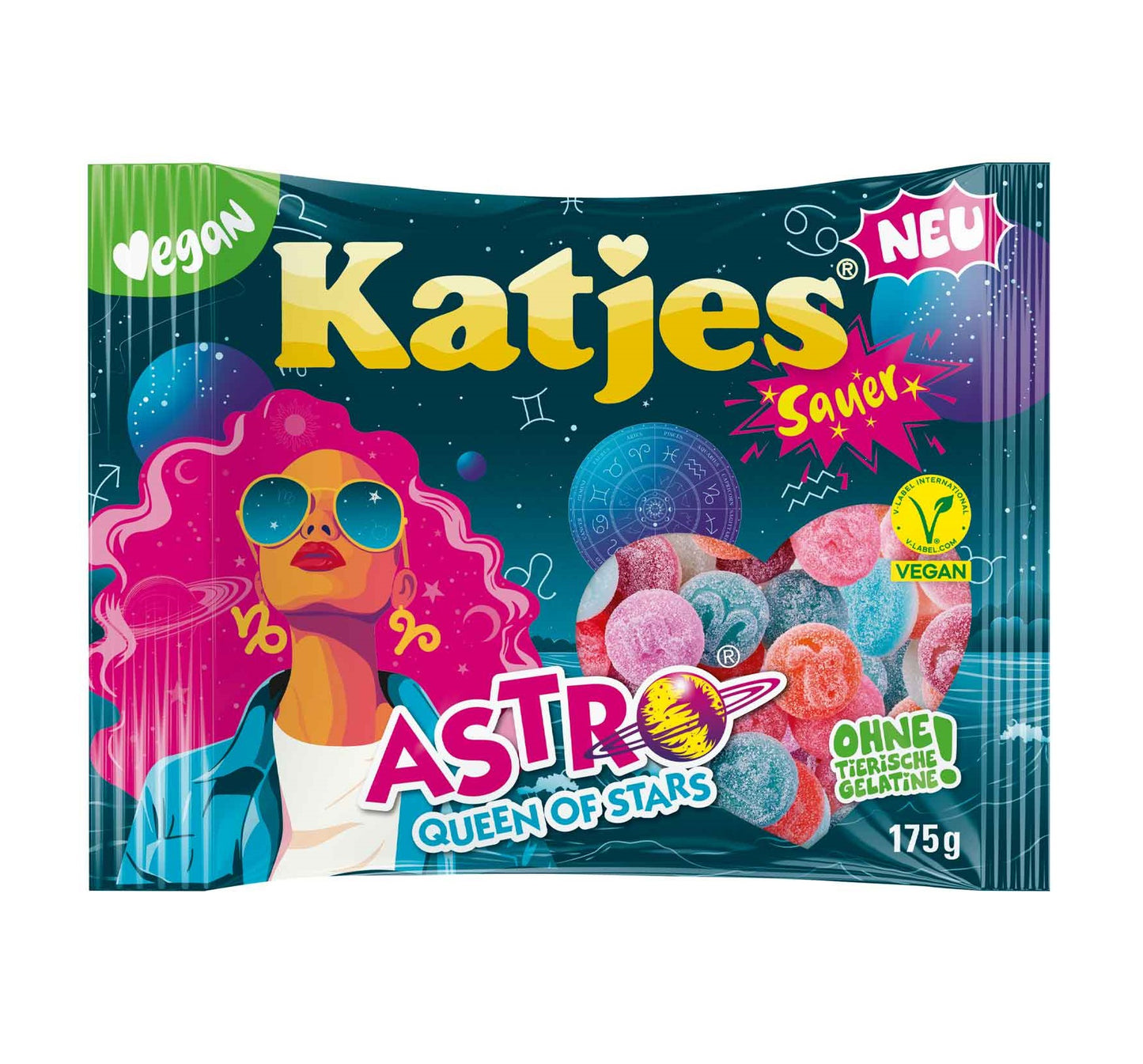 Katjes Astro Queen of Stars Sauer 175g Saure Fruchtgummi-Mischung. Für Veganer geeignet.