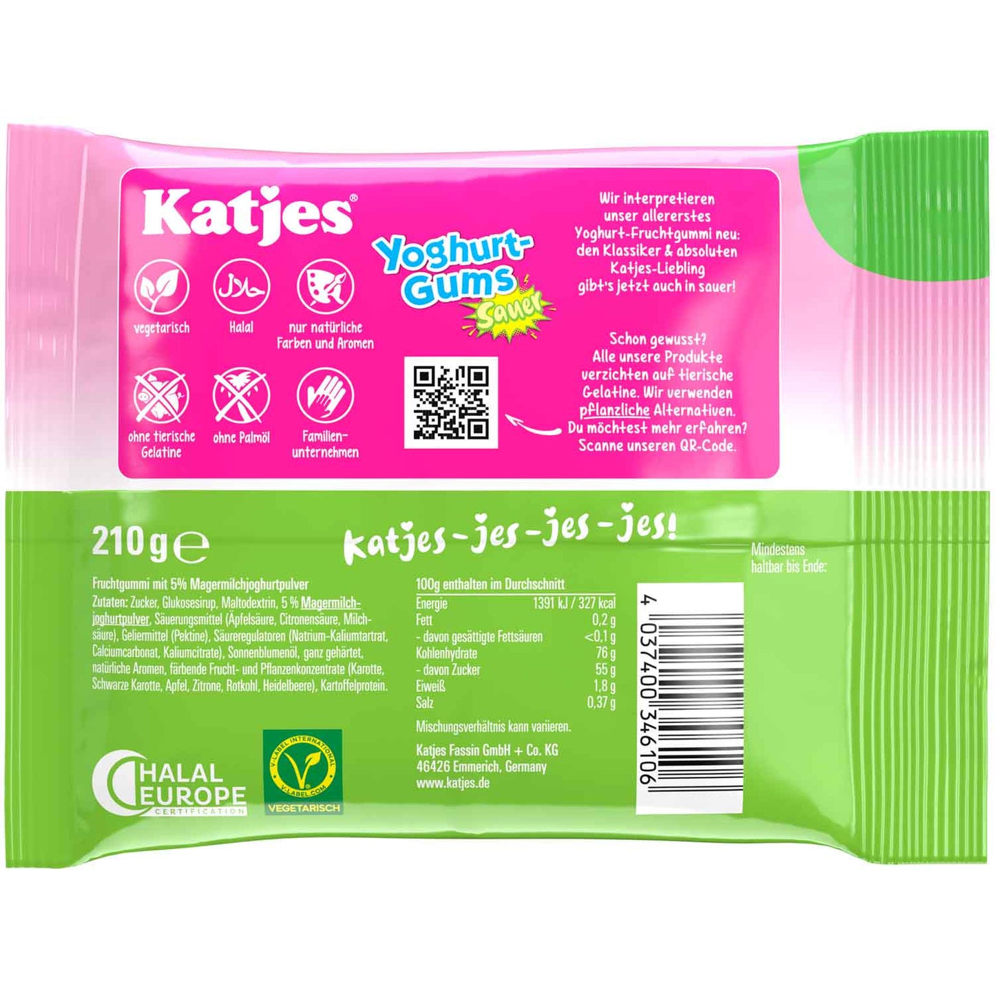 Katjes Yoghurt-Gums Sauer 210g Softes Joghurt-Fruchtgummi Gelatinefrei