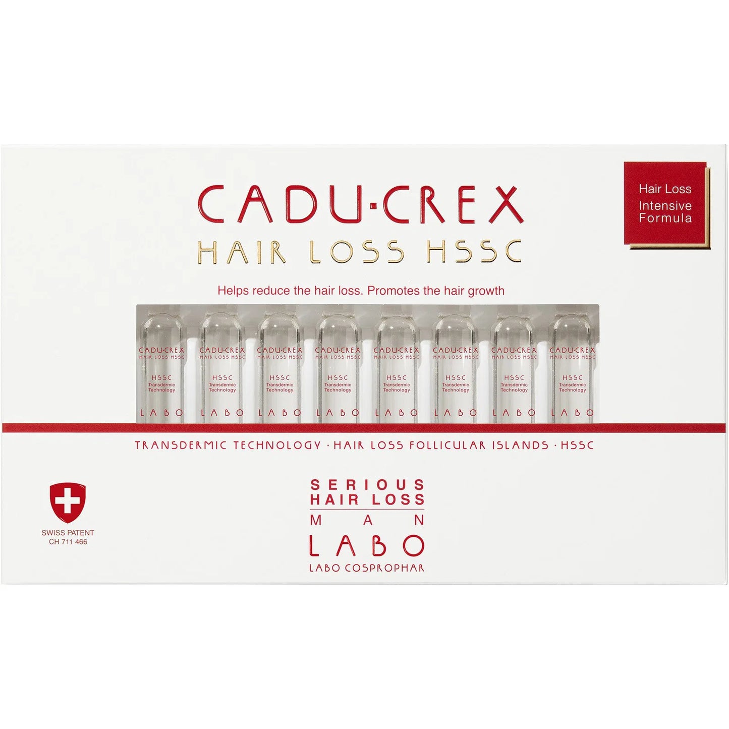 Labo Suisse Labo, Cadu-Crex Severe Stage, Gegen Haarausfall, Ampullen Behandlungsserum, Für die Kopfhaut, Für Männer, 40 stk,