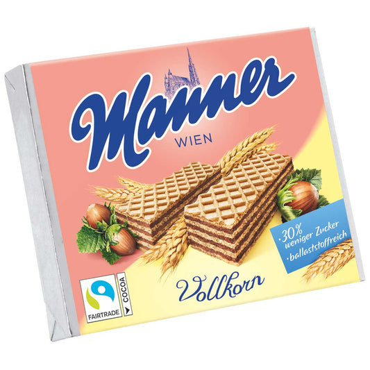 Manner Vollkorn Schnitten 75g Knusprige Vollkornwaffeln mit Haselnusscremefüllung -30% Zucker - Candyshop.ch