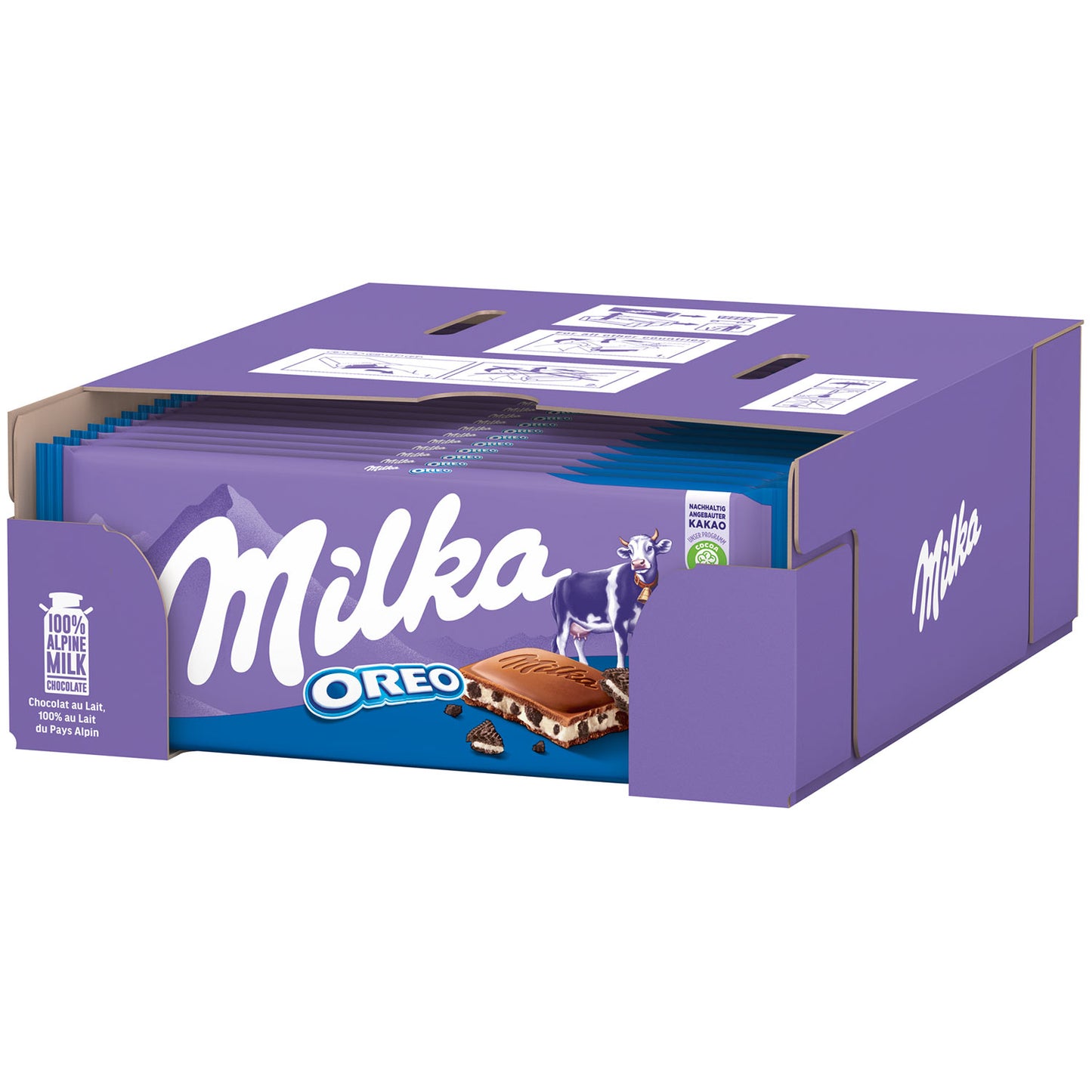 Milka Oreo 100g Alpenmilch Schokolade mit Kakaokeks Stückchen – Seitenansicht