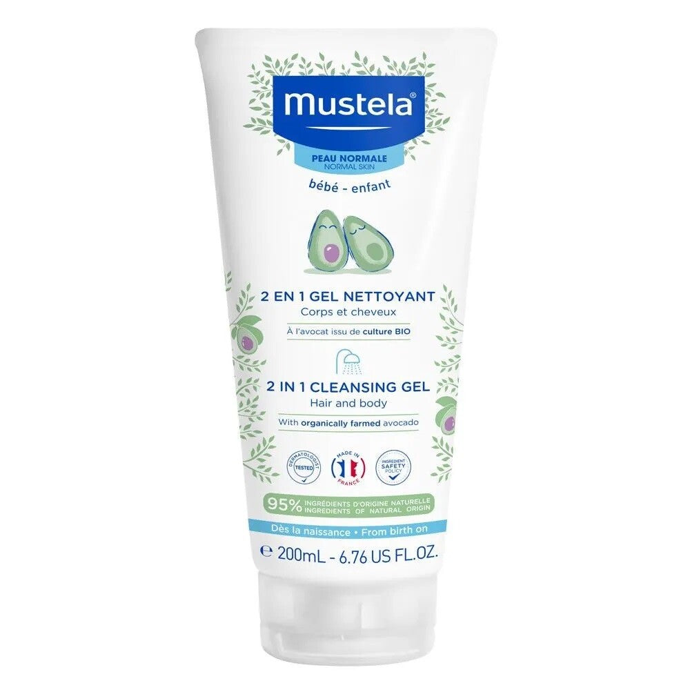 Mustela Mustela, 2 In 1, Avocado, Sanfte Reinigung, Reinigungsgel, Für Gesicht & Haar, 200 ml Regular