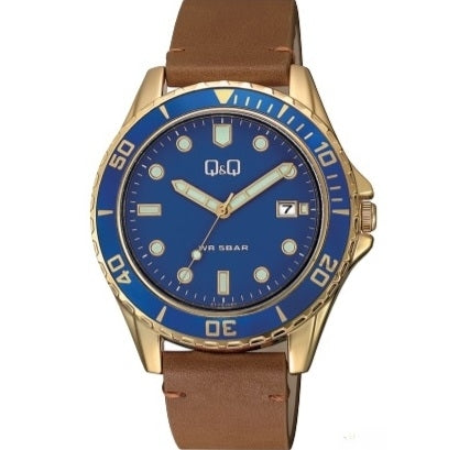 Q&Q GENT DATE Herren Quarzuhr mit Datum aus Leder 43 mm A172J102Y – Produktansicht
