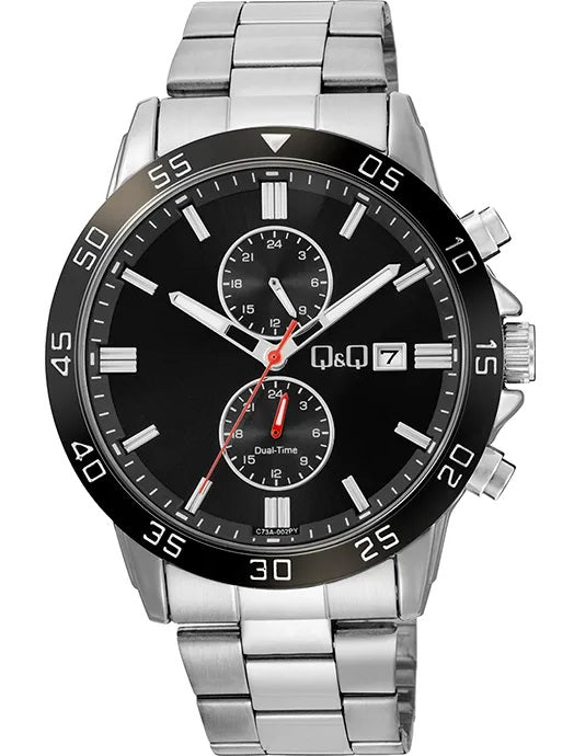 Q&Q Mod- GENT CHRONO Herren Chronograph Armbanduhr aus Metal 44 mm C73A-002PY – Produktansicht