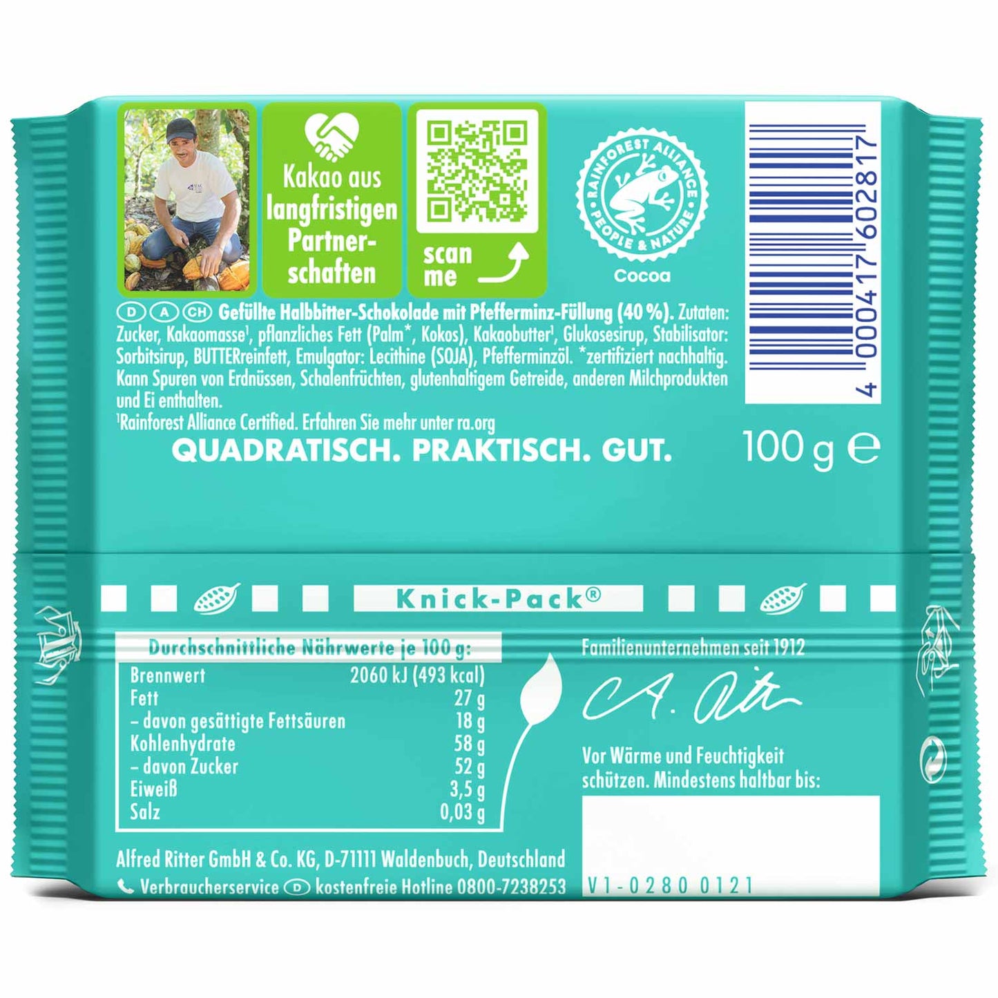 Ritter Sport Pfefferminz 100g Dunkle Halbbitter-Schokolade mit Pfefferminz-Füllung - Candyshop.ch