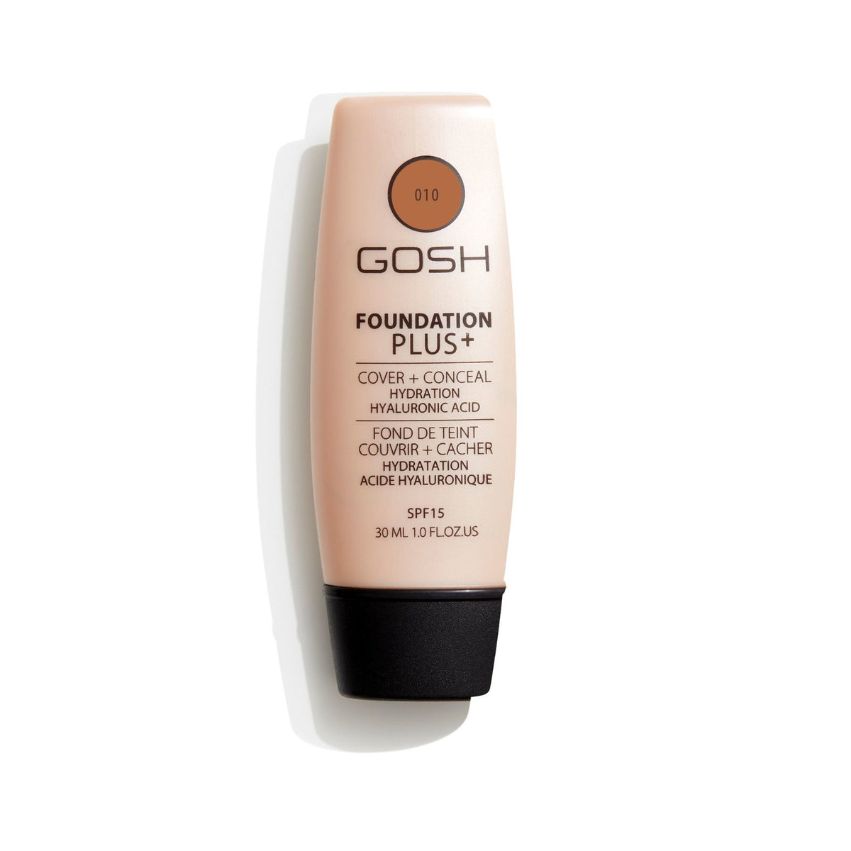 Gosh Gosh, Foundation Plus+, Flüssige Grundierung & Concealer 2-in-1, 010, Bräune, SPF 15, 30 ml Regular