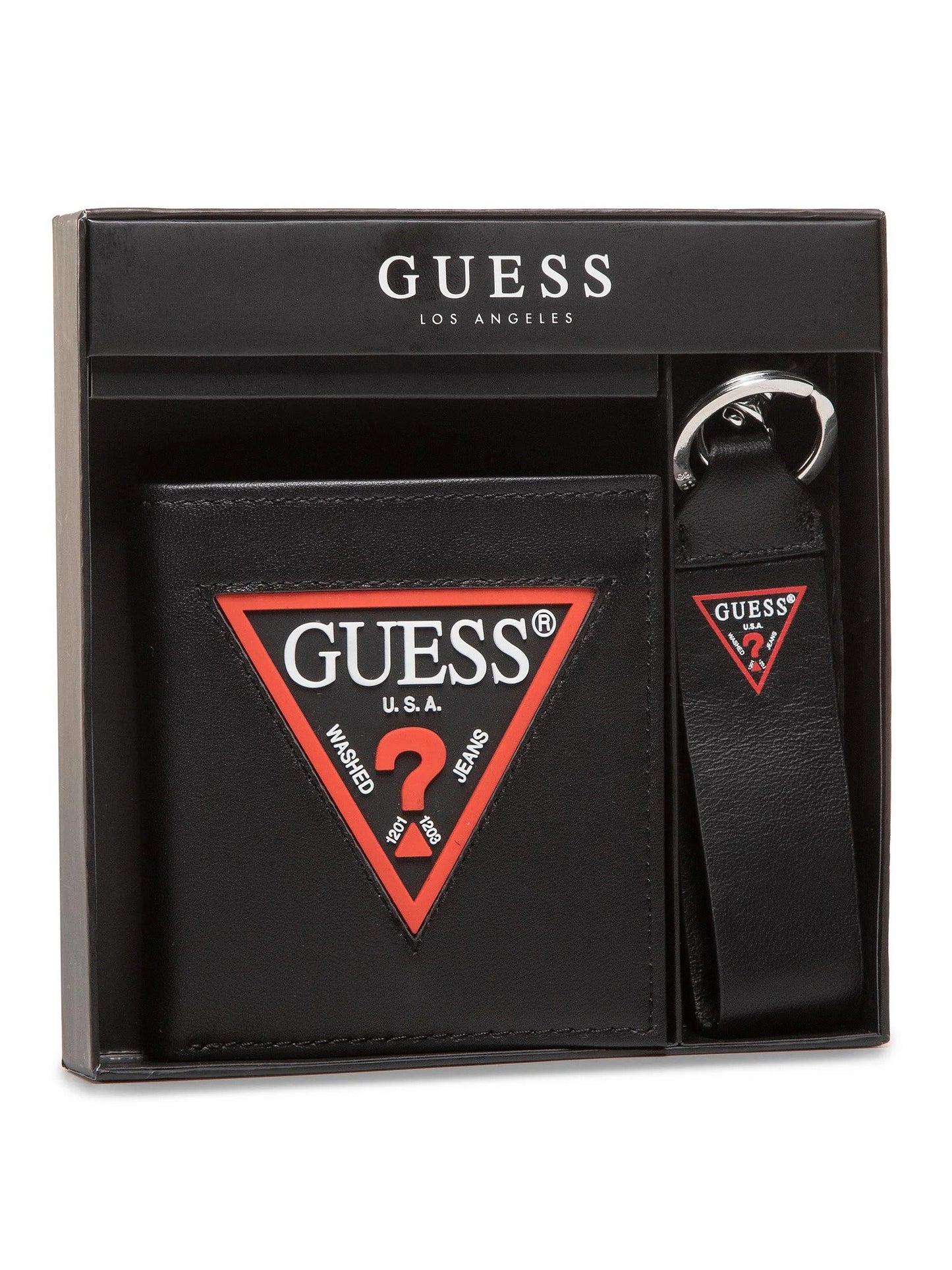 Guess GWP Kartonbox Set Guess: Guess, Leather Keyring, Black + Daelon, Leather Wallet, Small Billfold, Red/Black, For Men Reg