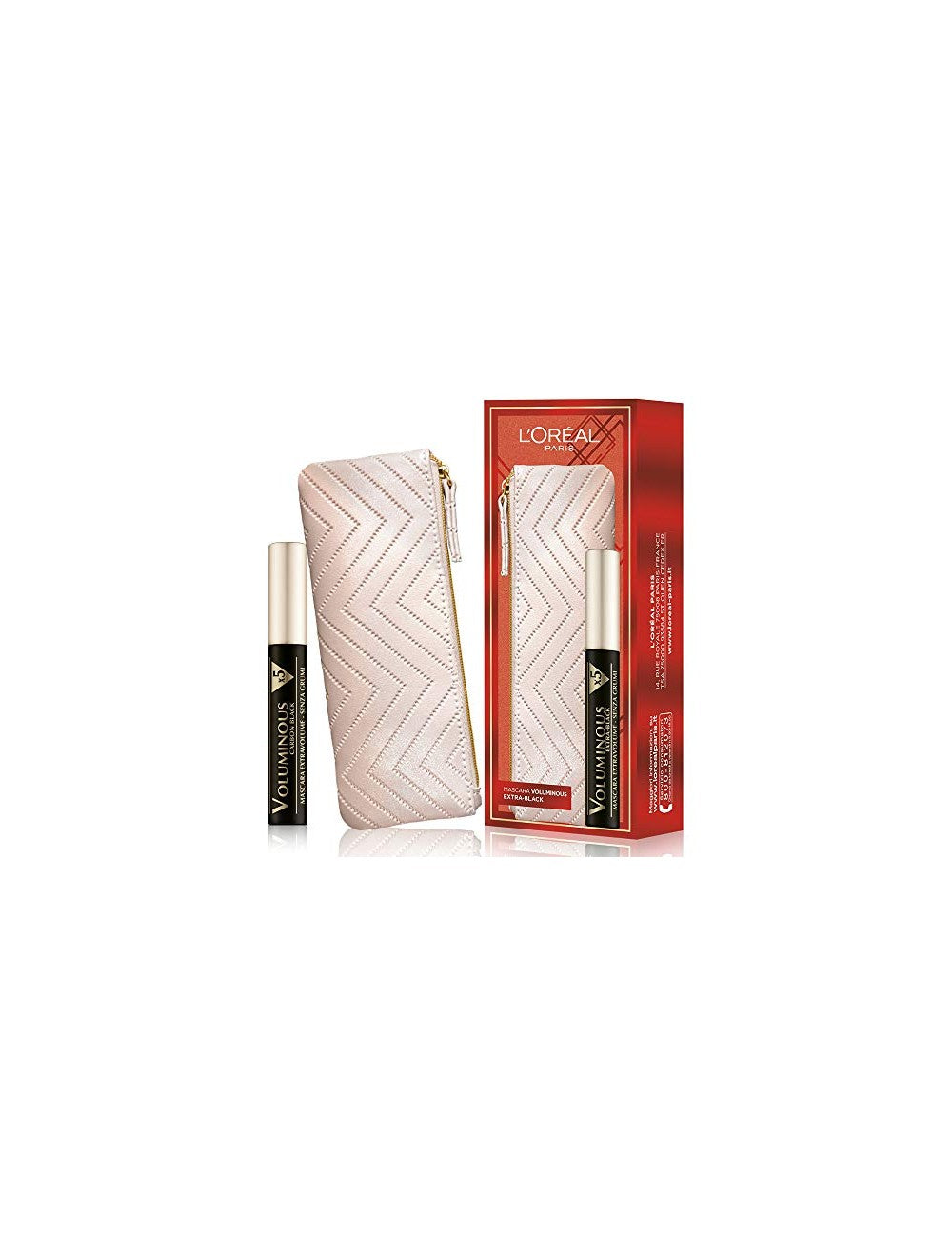 L`Oreal Paris Schminkset Set L'Oreal Paris: Textile Makeup Bag, Cream + Voluminous X5, Volumizing, Mascara, Extra Black, 7.5