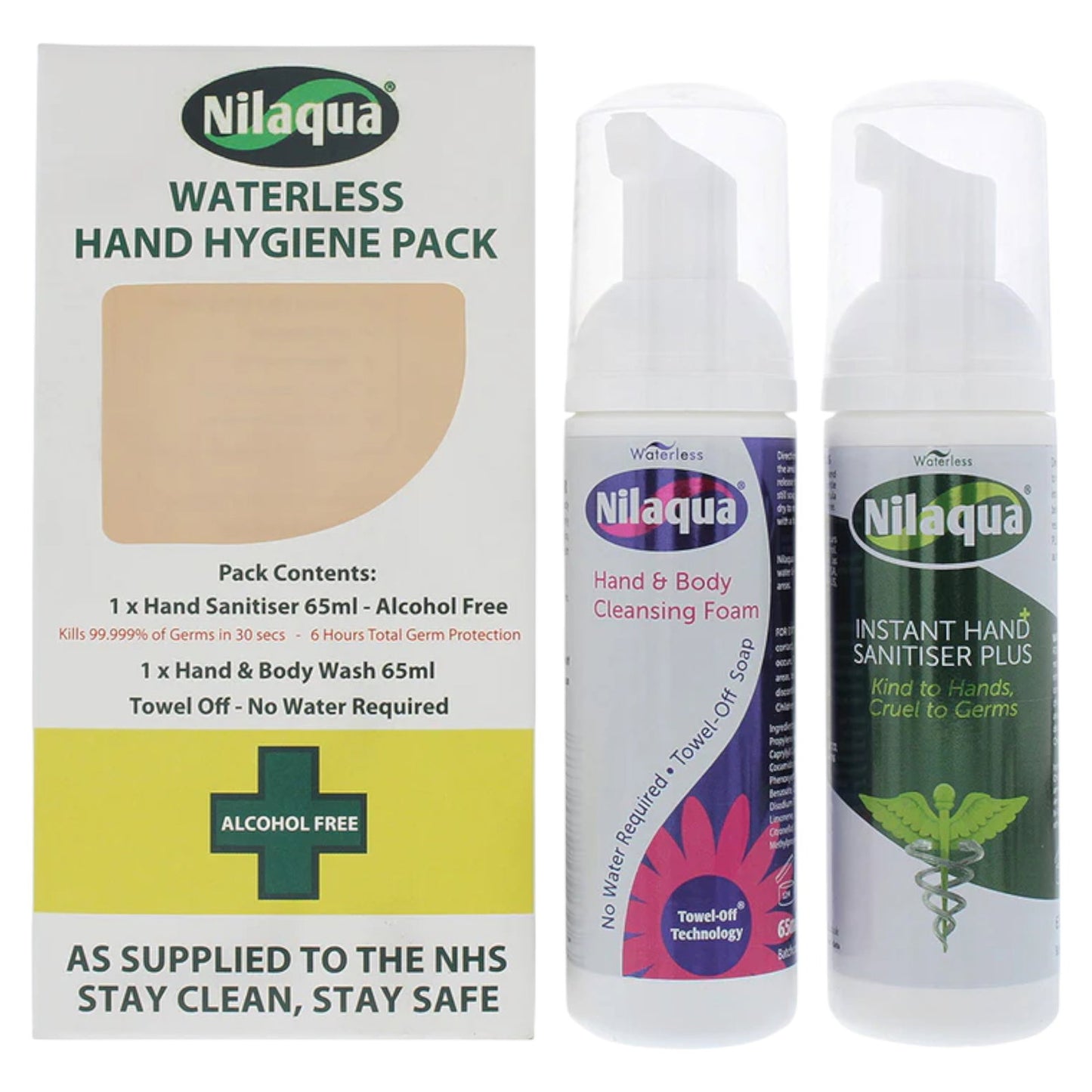 Nilaqua Hautpflegeset Set Nilaqua: Waterless, Cleansing, Hand Gel, 65 ml + Waterless, Cleansing, Foam, Hand & Body, 65 ml Reg