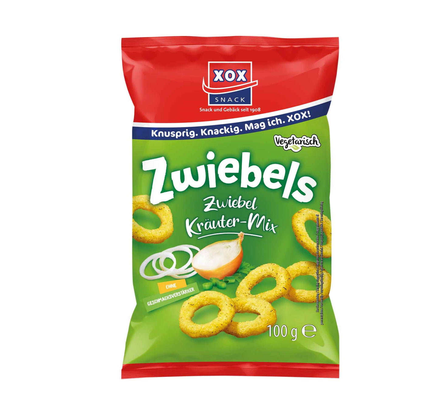 XOX Zwiebels 40g Mais-Snack mit Zwiebel Geschmack.