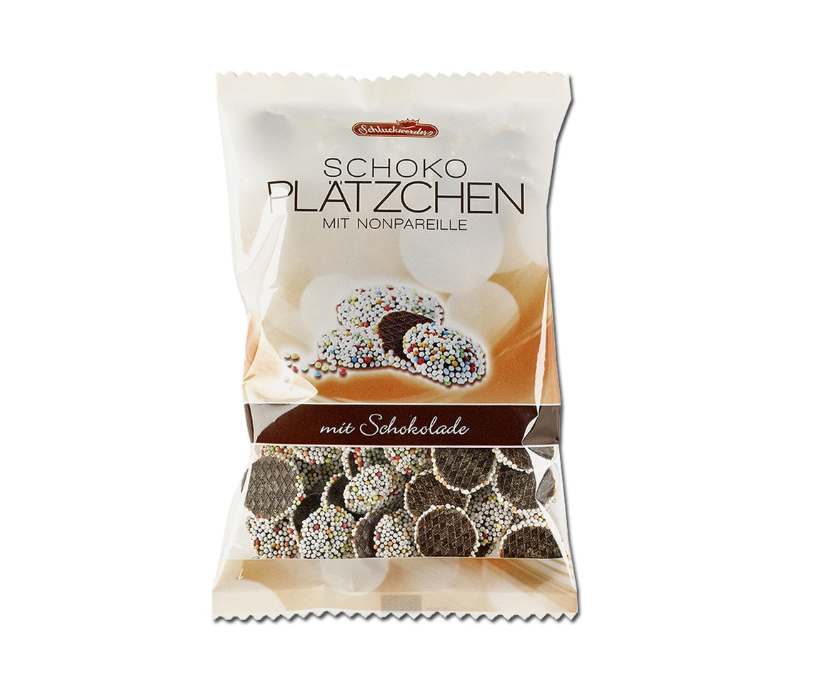Schluckwerder Schoko Plätzchen 150g Beutel mit bunten Perlen (Nonpareille) - Candyshop.ch