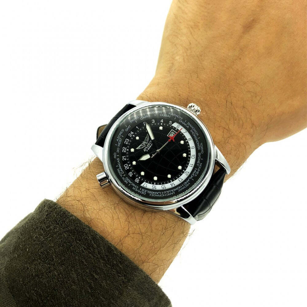Aviator AVW6975G354 Herren-Chronograph – Weltzeituhr mit Lederarmband, 45mm