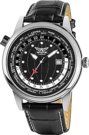 Aviator AVW6975G354 Herren-Chronograph – Weltzeituhr mit Lederarmband, 45mm