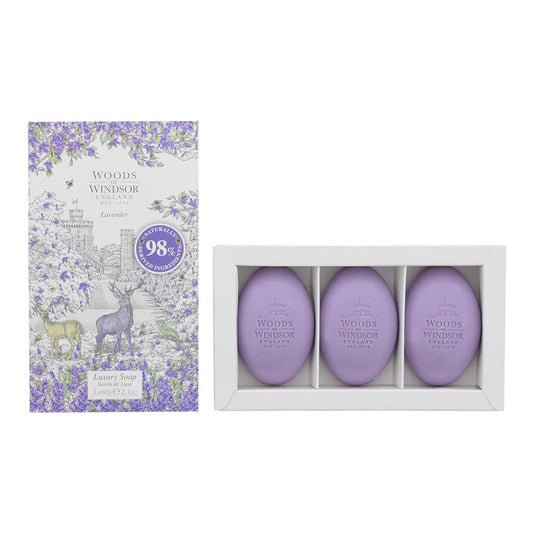 Woods Of Windsor Set Trio Lavendel – 3x Massage-Seifenstück mit Sheabutter, 60g