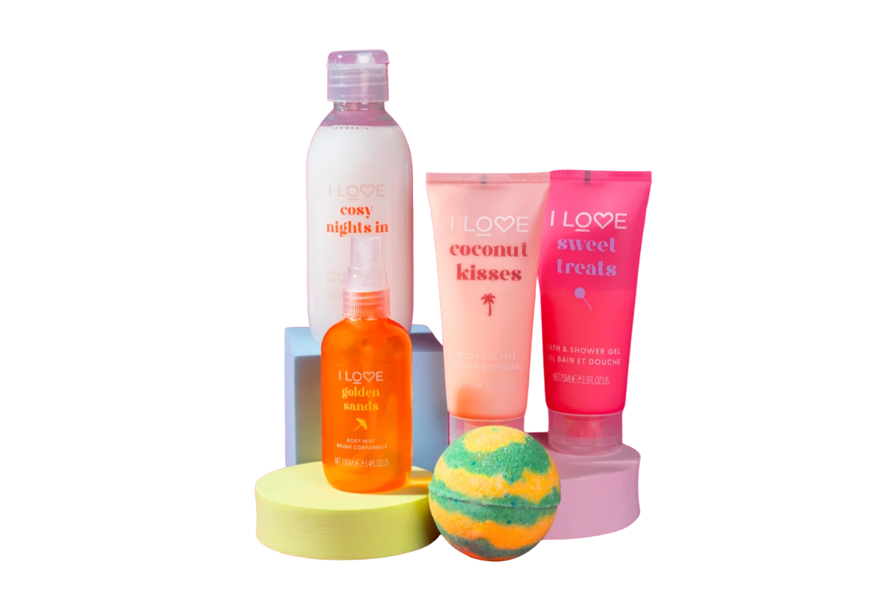 I Love I Love Set I Love Körperpflegeset mit Body Lotion 75 ml, Bath Bomb 120 g, Body Spray 100 Bodylotion
