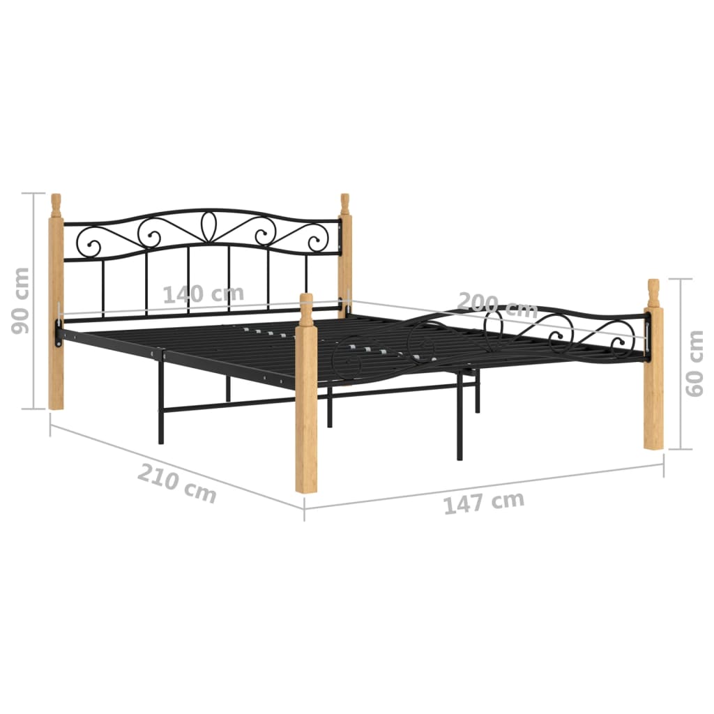 Bettgestell Schwarz Metall Und Massivholz Eiche 140X200 Cm