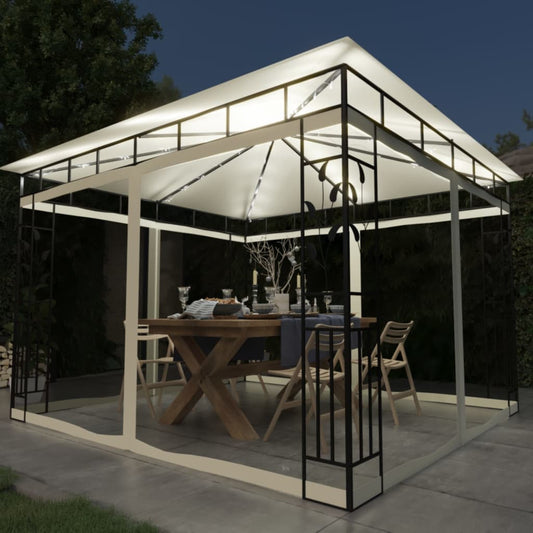 Pavillon Mit Moskitonetz & Led-Lichterkette 3X3X2,73M Weiß