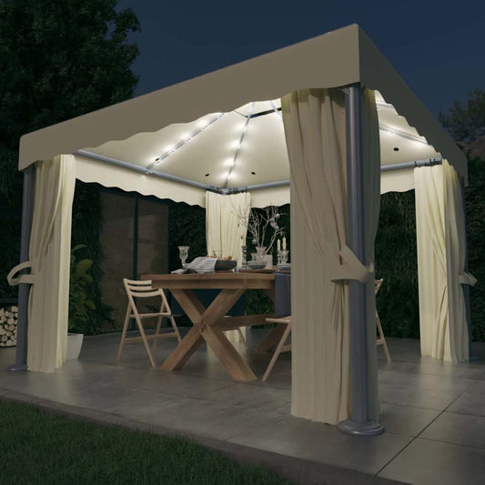 Pavillon Mit Vorhängen & Led-Lichterkette Weiß