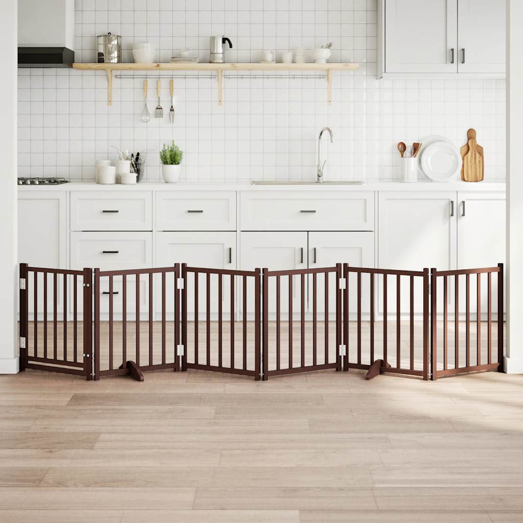 6-Tlg. Hundetor Mit Tür Faltbar Braun Eiche 300 Cm Tannenholz