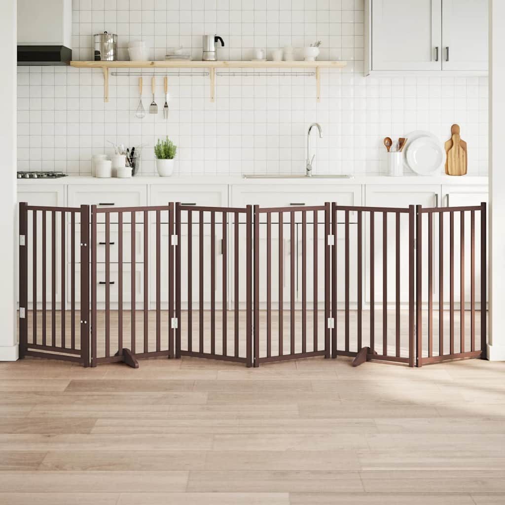 6-Tlg. Hundetor Mit Tür Faltbar Braun Eiche 300 Cm Tannenholz
