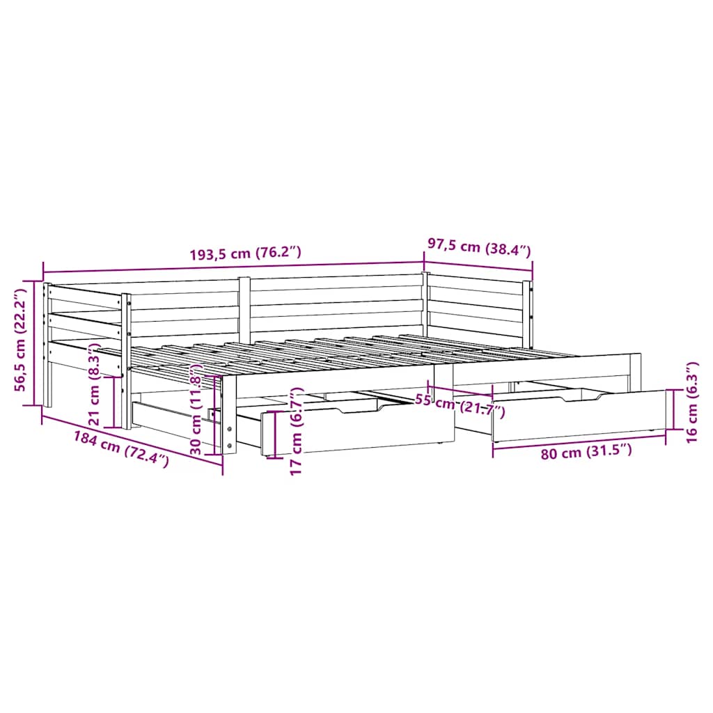 Tagesbett Ausziehbar Mit Schubladen Ohne Matratze 90X190 Cm
