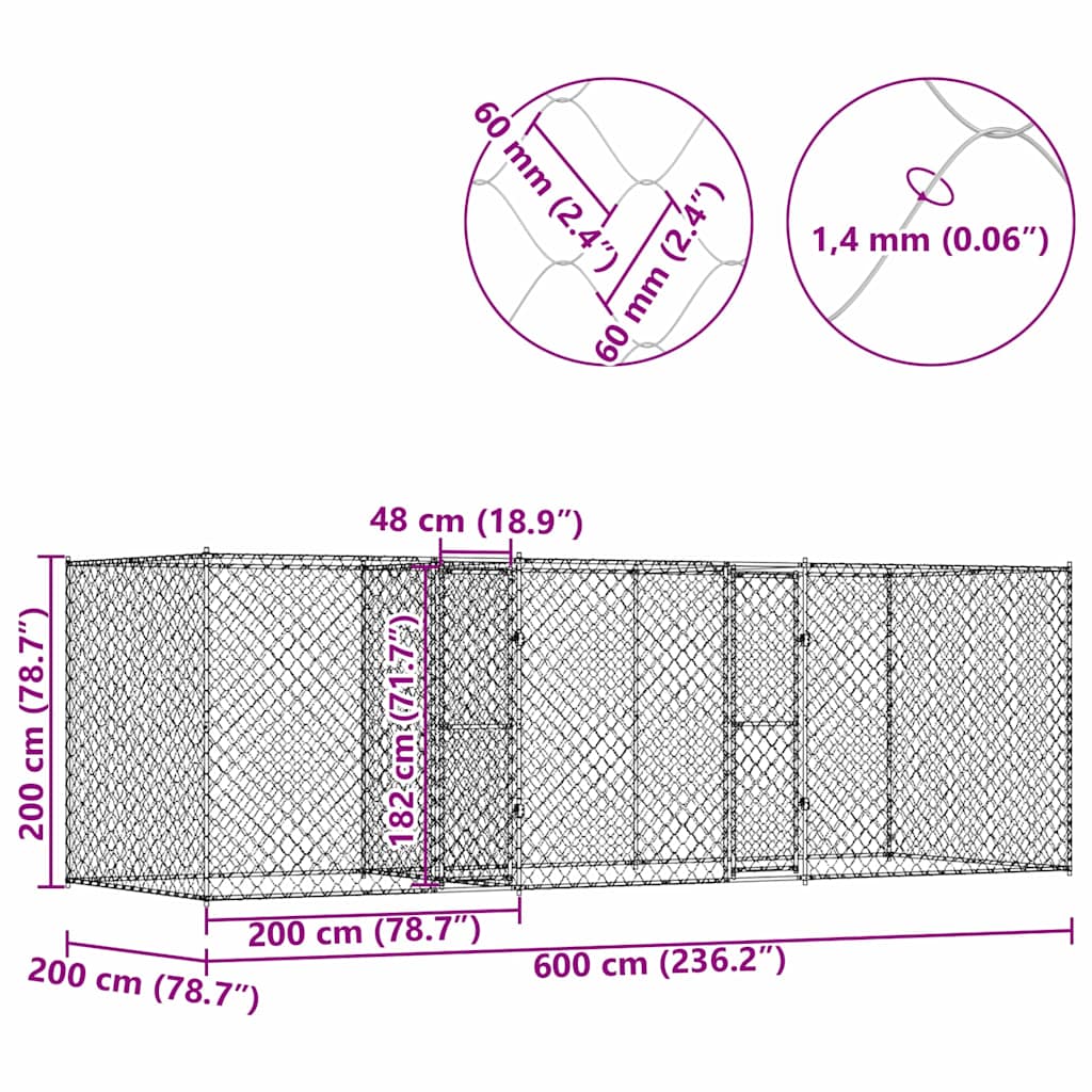 Hundekäfig Silber 600 X 200 X 200 Cm Verzinkter Stahl