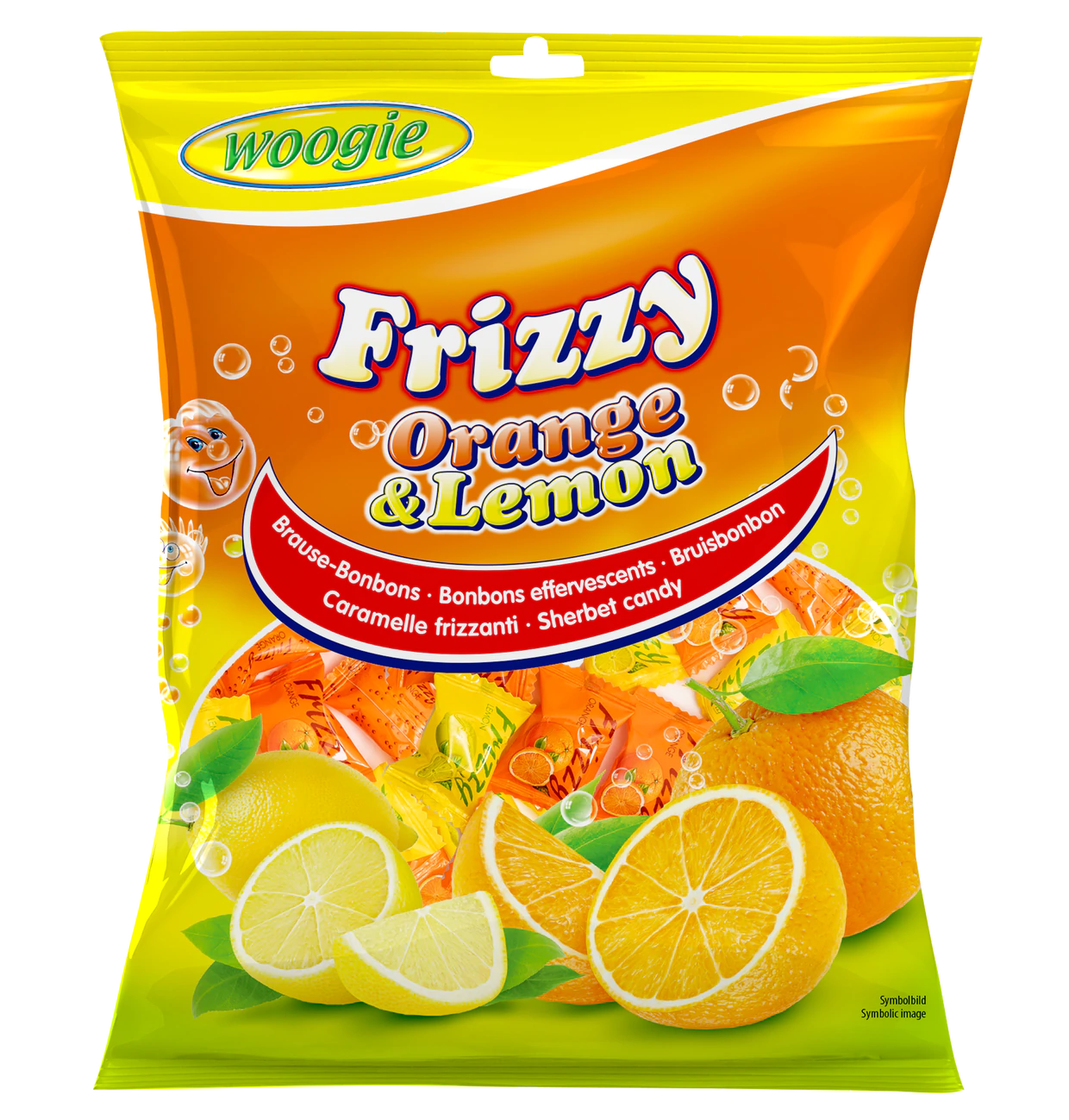 Woogi Bonbons Frizzy Orange & Lemon 170g Das prickelt ganz schön gefüllt mit Orange Brausepulver.