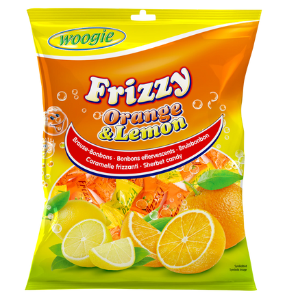 Woogi Bonbons Frizzy Orange & Lemon 170g Das prickelt ganz schön gefüllt mit Orange Brausepulver.