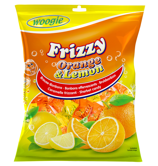 Woogi Bonbons Frizzy Orange & Lemon 170g Das prickelt ganz schön gefüllt mit Orange Brausepulver.