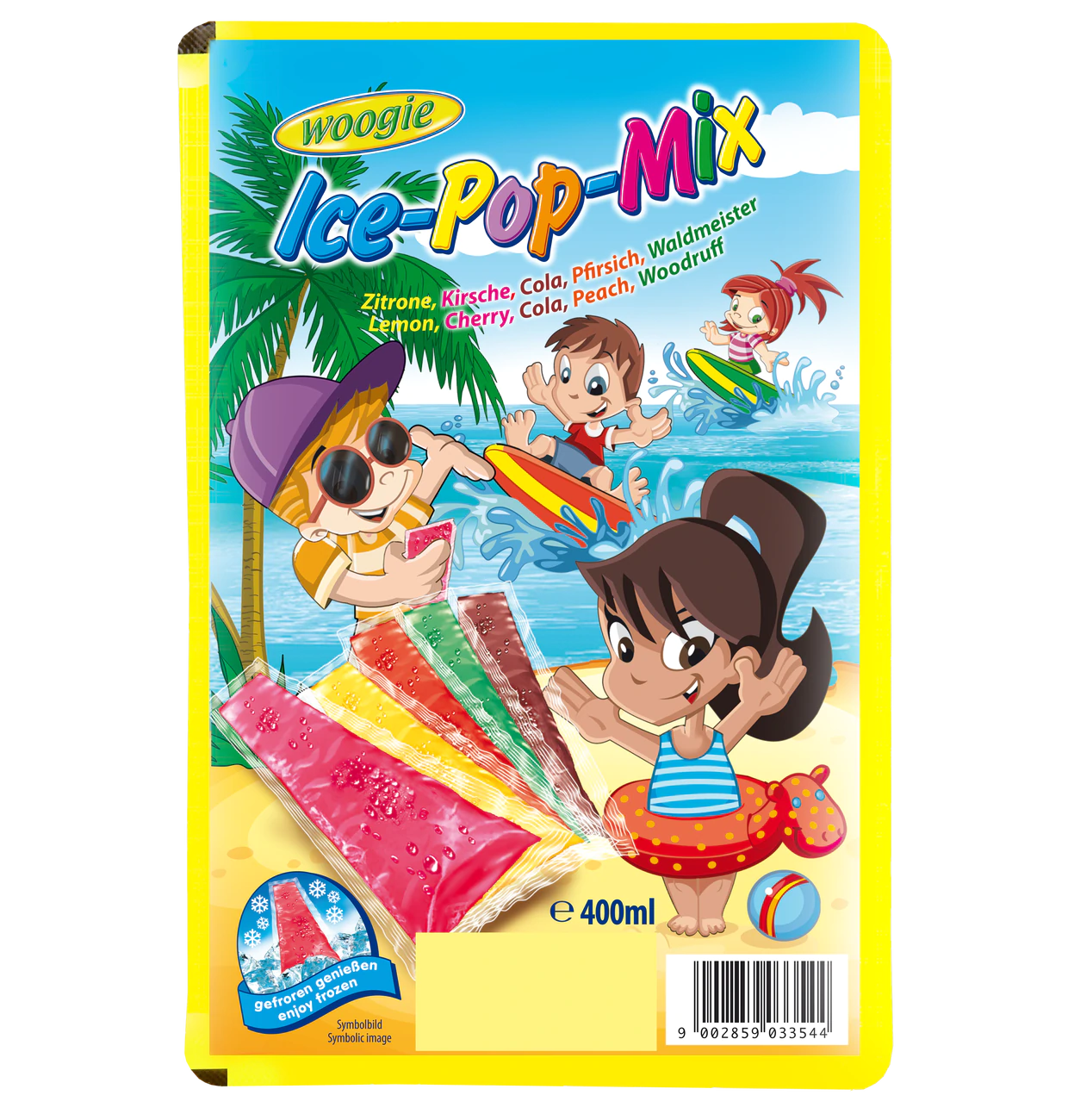 Eislolly 400ml Wassereis mit Erdbeere-, Waldmeister-, Kirsche-, Cola- und Zitronengeschmack.