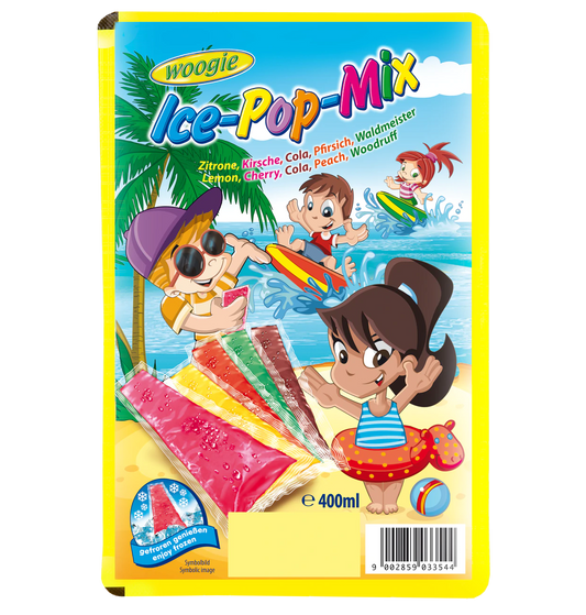 Eislolly 400ml Wassereis mit Erdbeere-, Waldmeister-, Kirsche-, Cola- und Zitronengeschmack.