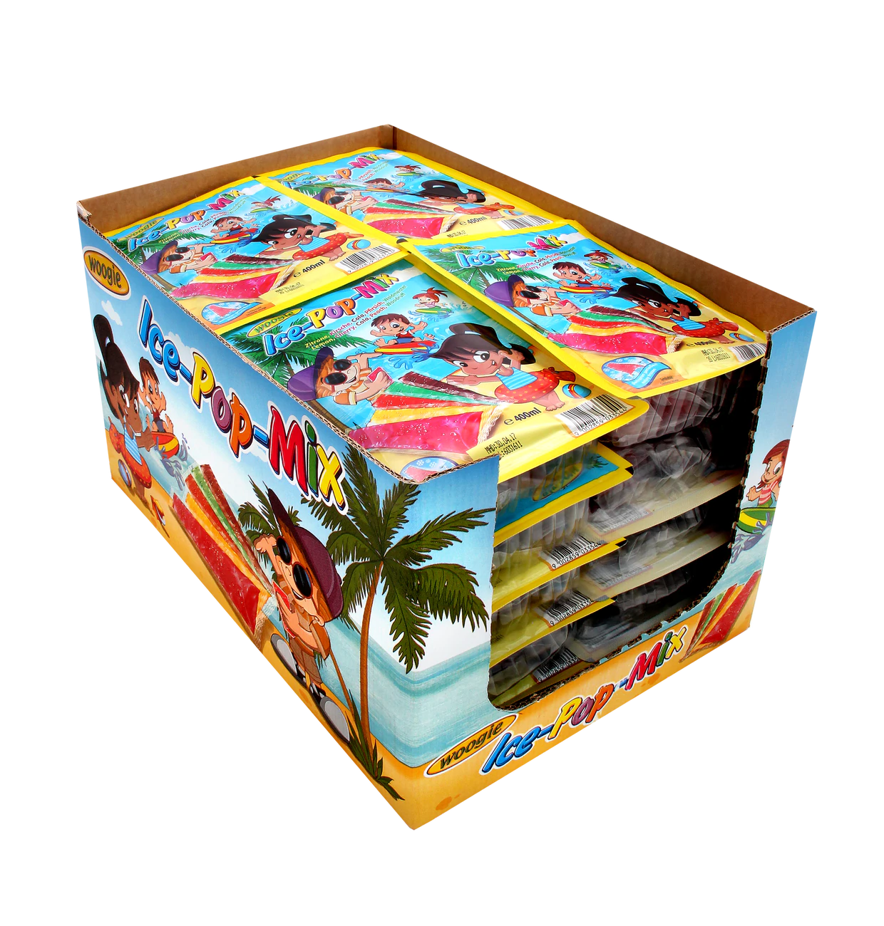 Eislolly 400ml Wassereis mit Erdbeere-, Waldmeister-, Kirsche-, Cola- und Zitronengeschmack.