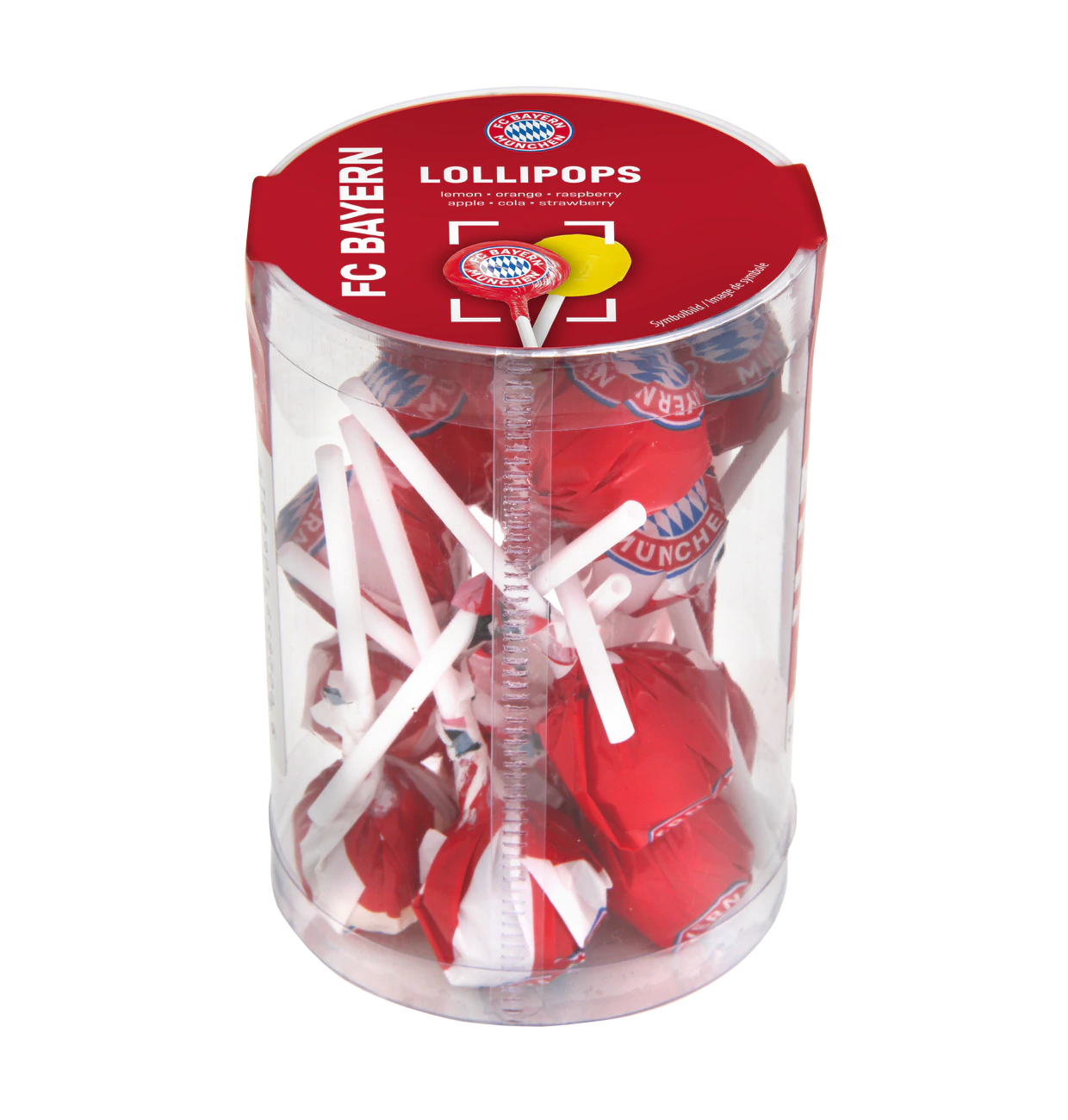 FC Bayern München Lollipops 150g Leckere Lollipops in den Geschmacksrichtungen: Zitrone, Orange, Apfel, Cola, Himbeere und Erdbeer