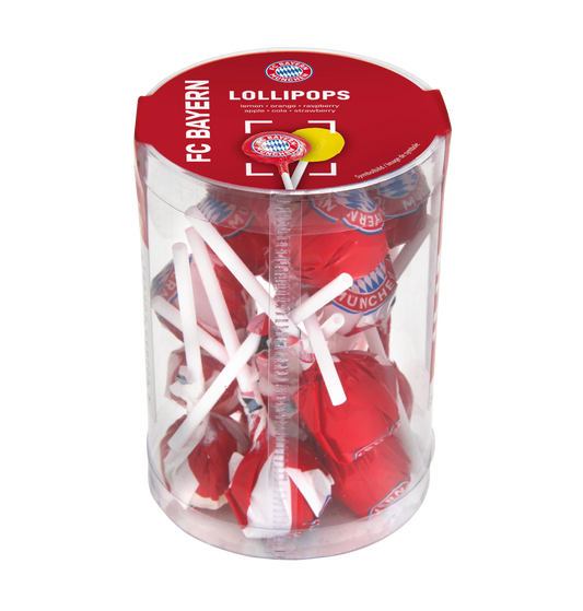 FC Bayern München Lollipops 150g Leckere Lollipops in den Geschmacksrichtungen: Zitrone, Orange, Apfel, Cola, Himbeere und Erdbeer