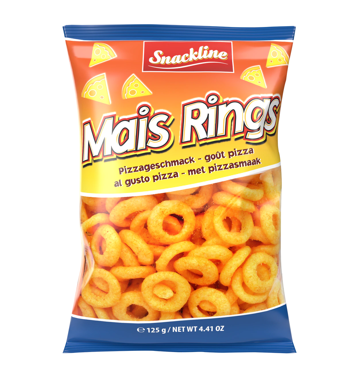 Mais Rings Pizza 125g Mais Rings mit Pizzageschmack sorgen für endlosen Knuspergenuss.