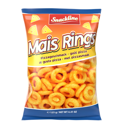 Mais Rings Pizza 125g Mais Rings mit Pizzageschmack sorgen für endlosen Knuspergenuss.