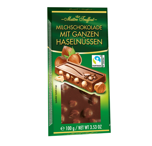 Milchschokolade mit ganzen Haselnüssen 100g von Maitre Truffout mit ganzen Haselnüssen.