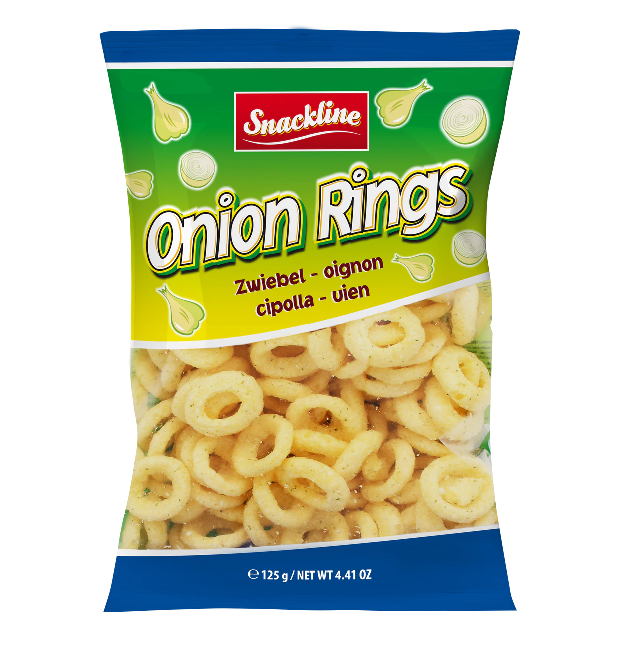 Onion Rings Maissnack gesalzen 125g Extrudierter Maissnack mit Zwiebelgeschmack.
