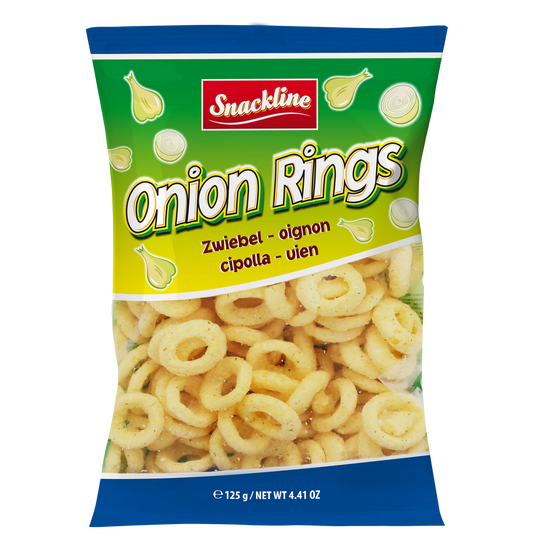 Onion Rings Maissnack gesalzen 125g Extrudierter Maissnack mit Zwiebelgeschmack.