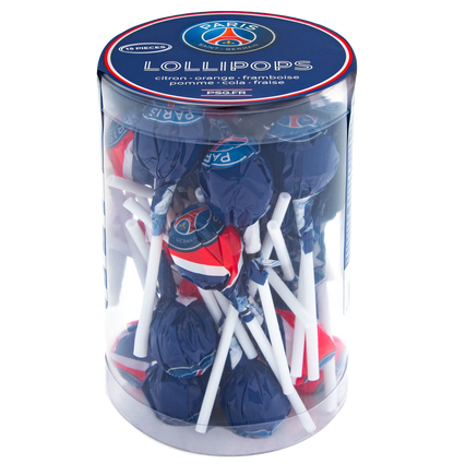 Paris Saint Germain PSG Lollipops 150g Leckere Lollipops in den Geschmacksrichtungen: Zitrone, Orange, Apfel, Cola, Himbeere und Erdbeer