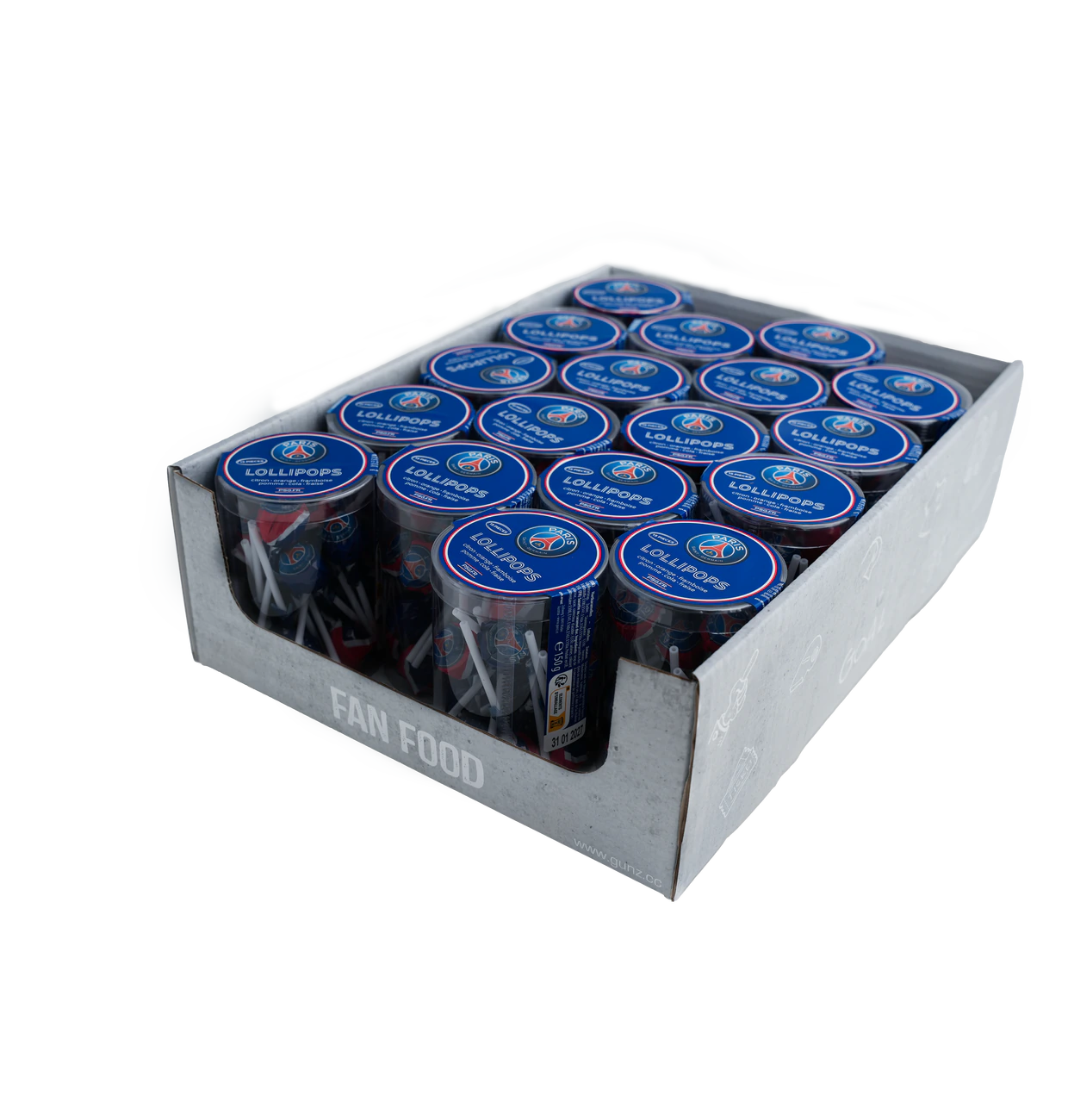 Paris Saint Germain PSG Lollipops 150g Leckere Lollipops in den Geschmacksrichtungen: Zitrone, Orange, Apfel, Cola, Himbeere und Erdbeer