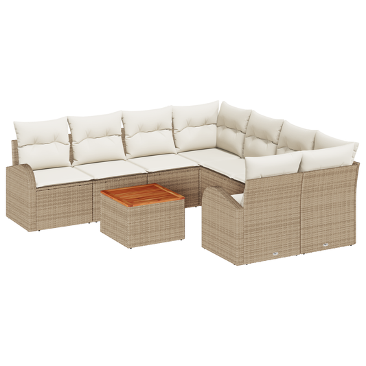9-Teiliges Garten-Sofa-Set Mit Kissen Beige Poly Rattan Akazie